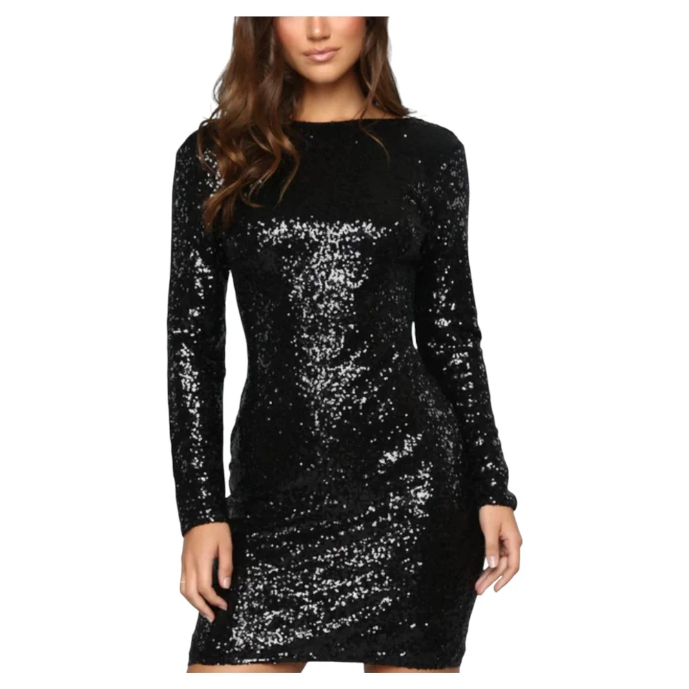 Fashion Nova Black Sequin Long Sleeve Dress - Picture 1 of 8